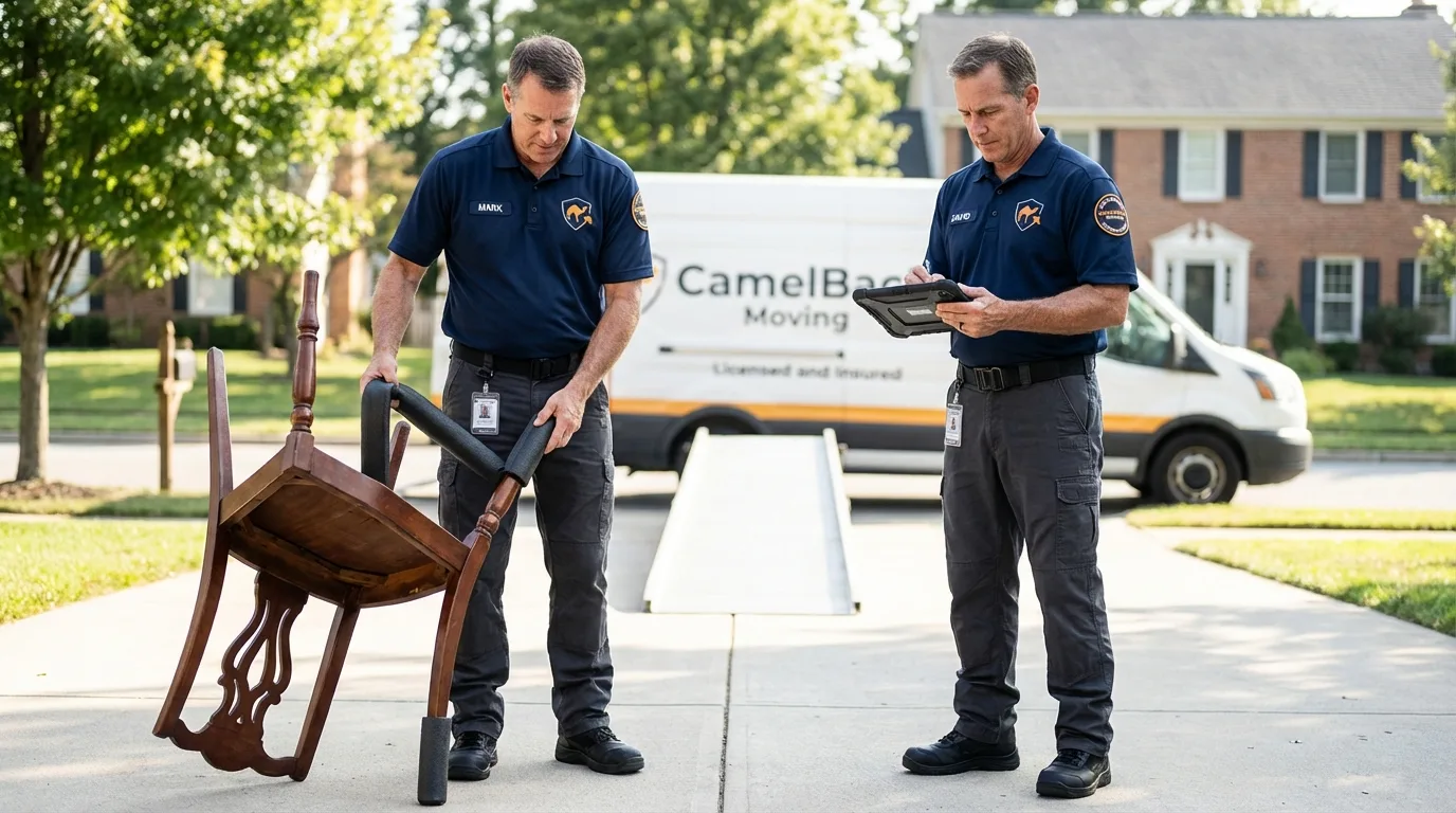 Movers inspecting furniture for damage prevention before loading in Warm Springs, VA