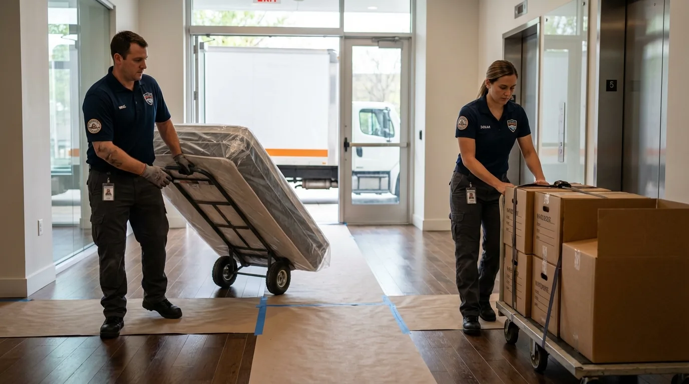 Professional apartment movers loading elevator in Warm Springs, VA