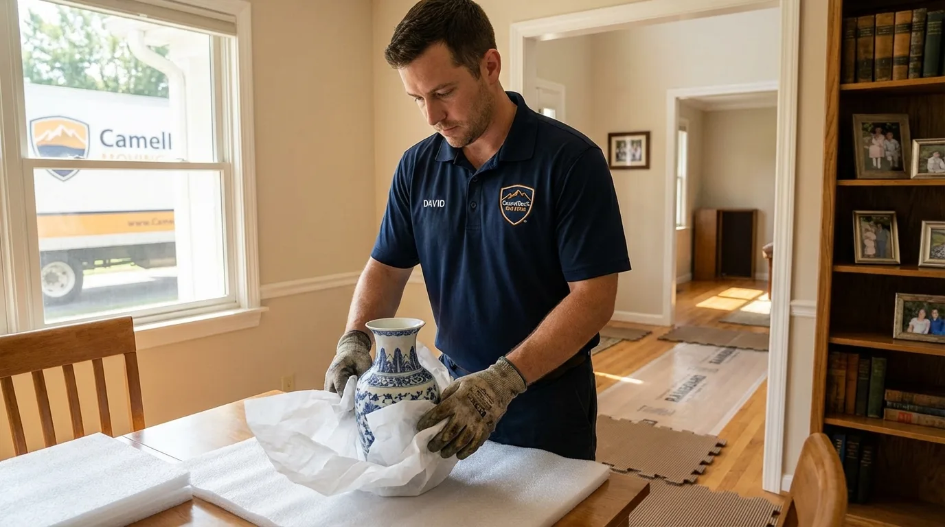 Professional crew carefully wrapping antique vase for senior downsizing move in Warm Springs, VA